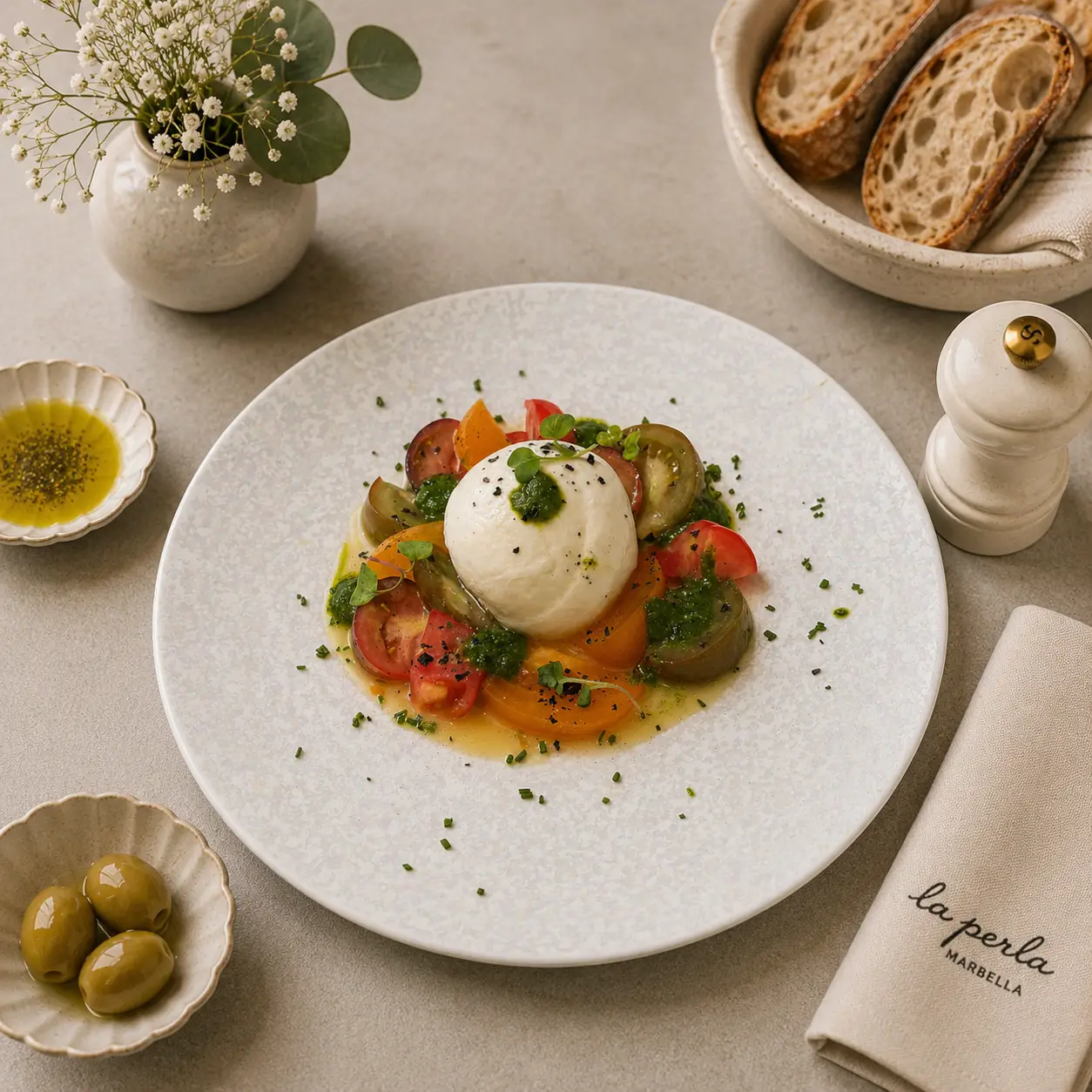 Mixed Tomatoes with Burrata and Pesto